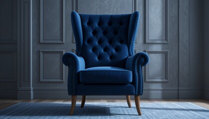 Elegant deep blue velvet armchair with tufted backrest in classic interior setting