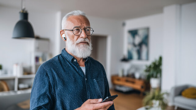 A man with glasses and gray hair is holding a cell phone - Powered by Adobe