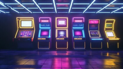 Retro Arcade Gaming Machines Illuminated with Neon Lights, Vibrant and Nostalgic Vibe