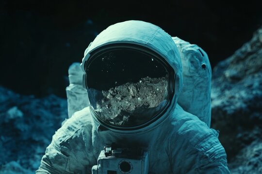 Close up of astronaut helmet reflecting lunar landscape and Earth