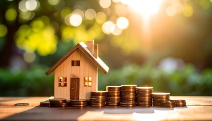 Wooden house with stack of coins represents real estate with home loan, saving, and investment.