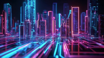 Futuristic Digital Cityscape with Glowing Neon Lines and Modern Building Outlines - Powered by Adobe