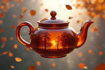 Traditional ceramic teapot and cup on a wooden table, with a hot beverage ready for breakfast