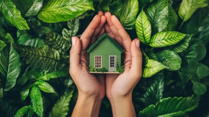 Hands gently cradling a small green house amidst lush foliage.