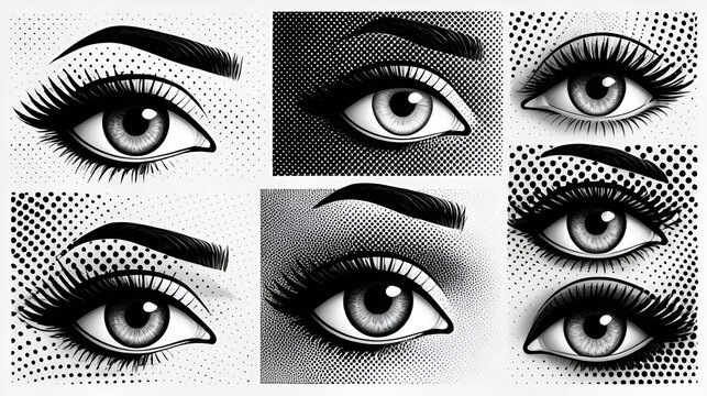 Retro halftone collage elements, halftone effect design, eye retro design