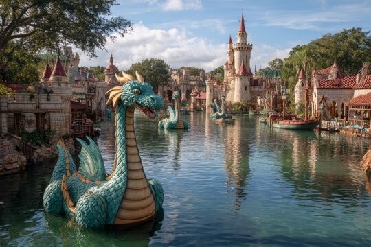 Family-Friendly Theme Parks in Summer. Large sea serpent sculptures in a lake surrounded by medieval castles and buildings, under a bright blue sky, fantasy adventure atmosphere.