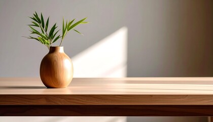 Wooden Vase with Bamboo on Table with Natural Light with Minimalist Zen Design.