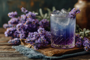 Violet iced lavender mocktail with ice cubes and floral decor