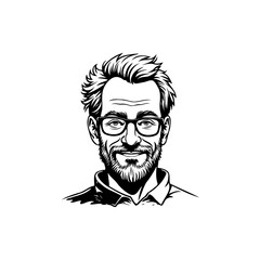 Stylized monochrome portrait illustration of a man with glasses and beard