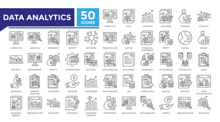 Data analytics lineal icon set collection. This set includes profit, planning, report, investment, presentation, audit, document and more icons in 
lineal style. Vector icons collection for websites