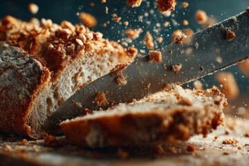 Fototapeta premium Knife slicing fresh crusty homemade bread
