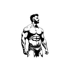 Black and white vector illustration of a muscular bodybuilder looking away