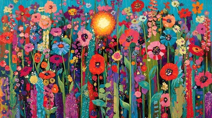 Naklejka premium Vibrant Summer Garden Flowers Painting, Colorful Floral Artwork