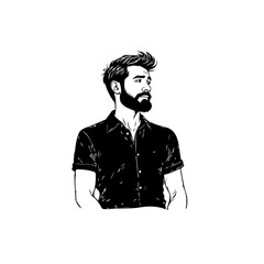 Stylized Illustration of a Bearded Man with a Black Shirt and Hair