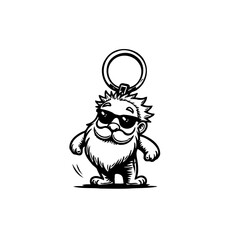 Cartoonish character keychain with sunglasses and beard black and white illustration