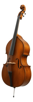 A wooden double bass with a polished finish and classic string arrangement on transparent background.