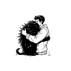 Heartwarming illustration of a man embracing a unique furry creature affectionately