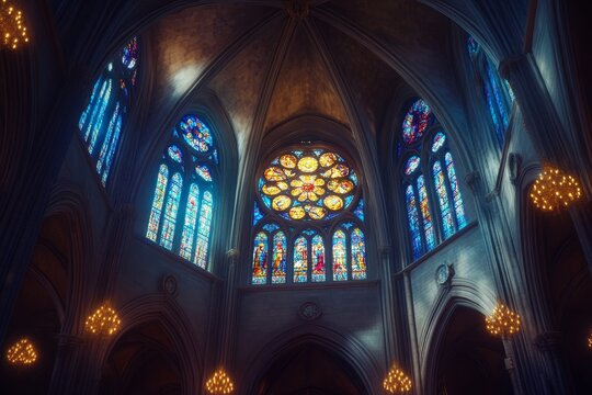 Gothic cathedral interior with vibrant stained glass windows and ornate rose window, illuminated by soft light