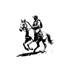Horseback riding illustration depicts a jockey on a horse in black and white vector art