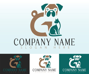 A logo where a pug dog and a cat is integrated into the letter G.