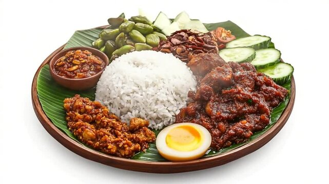 Authentic Nasi Lemak Dish with Sambal, Egg, and Fresh Vegetables on Banana Leaf