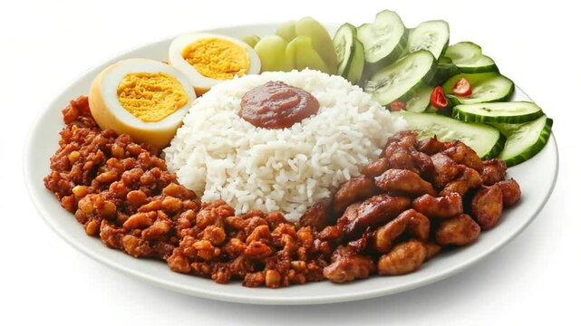 Delicious Nasi Lemak close up studio shot featuring rice, egg and condiments arranged artfully