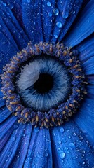Blue flower resembling human eye, Petals with water drops close-up, Concept for biomimicry or surreal nature