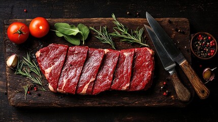 Farm to table Grilled steak garnished with herbs and fresh tomatoes on a wooden cutting board, accompanied by kitchen tools.