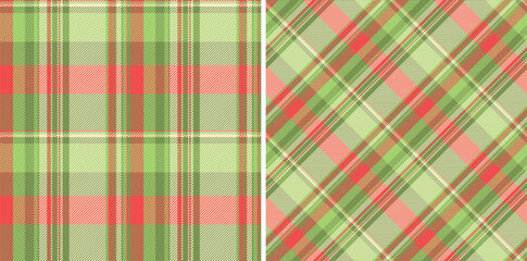 Festive plaid patterns. Two textures, angled  straight, in a soft green and red palette. Perfect for holiday designs, backgrounds, crafts,  textiles.