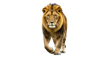 A majestic lion with a golden mane walking forward on a black background looking at the viewer