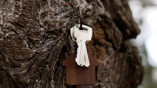 Door keychains with wooden keychain in house shape on the bark of conifer trunk in forest. Eco home concept