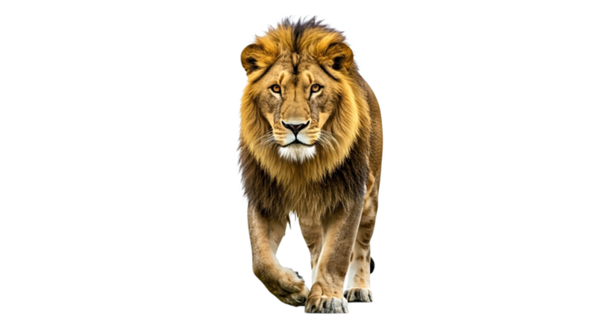 A majestic lion with a golden mane walking forward on a black background looking at the viewer