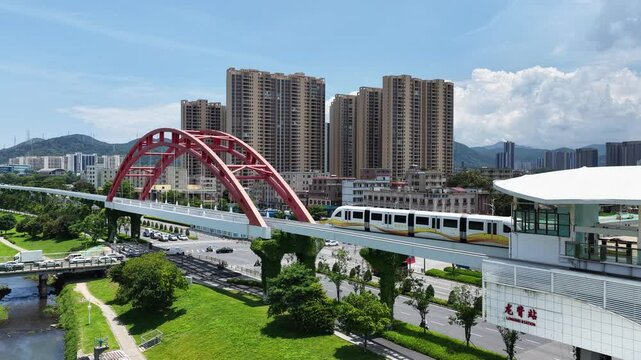 Skyview of BYD SkyRail ,an innovative rubber tired intelligent light monorail transit system in Shenzhen Pingshan, offering flexible, quiet, safe, efficient rail transport between Pingshan