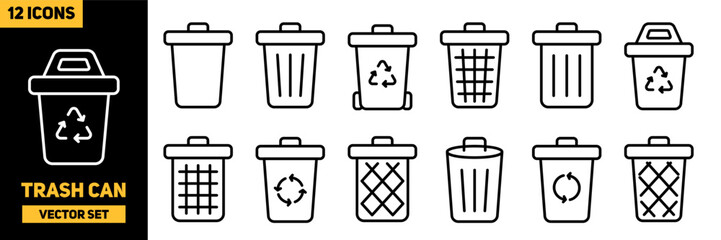 Linear trash can icons. Set of garbage can icons. Vector