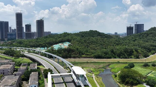 Skyview of BYD SkyRail ,an innovative rubber tired intelligent light monorail transit system in Shenzhen Pingshan, offering flexible, quiet, safe, efficient rail transport between Pingshan