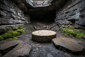 Cheese wheels maturing in a dark cellar filled with earthy tones
