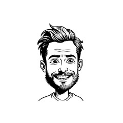 Expressive cartoon portrait of a bearded man with a playful smile and stylish hair