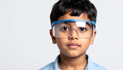Young Boy in Protective Goggles Looking Directly at the Camera on White.