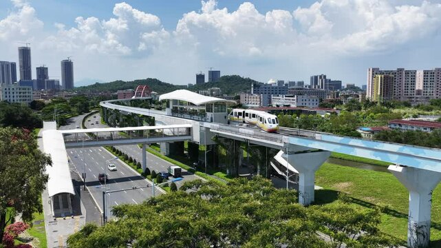 Skyview of BYD SkyRail ,an innovative rubber tired intelligent light monorail transit system in Shenzhen Pingshan, offering flexible, quiet, safe, efficient rail transport between Pingshan