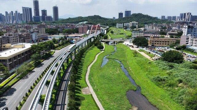 Skyview of BYD SkyRail ,an innovative rubber tired intelligent light monorail transit system in Shenzhen Pingshan, offering flexible, quiet, safe, efficient rail transport between Pingshan