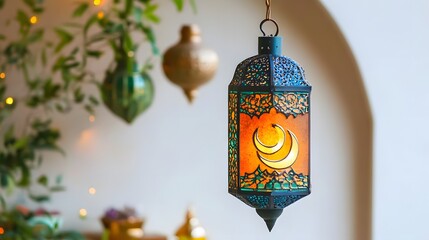 Ornate hanging lantern with crescent moon design.