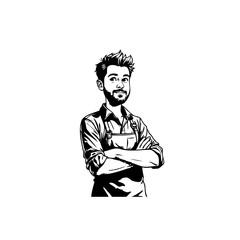 Confident craftsman: Illustrated character with apron and crossed arms, studio shot