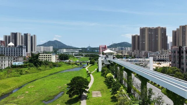 Skyview of BYD SkyRail ,an innovative rubber tired intelligent light monorail transit system in Shenzhen Pingshan, offering flexible, quiet, safe, efficient rail transport between Pingshan