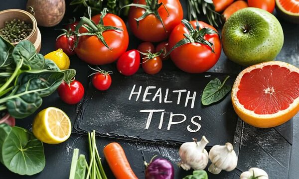 Text Health Tips on slate plate among fruits and vegetables animation video. Ingredients of nutritious ration animated footage clip seamless HD motion graphics. Dieting concept