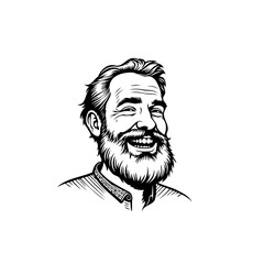 Friendly bearded man in line art style smiling happily against a white background