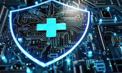 Neon shield with cross on circuit board animation video. Medical insurance online service animated footage clip seamless HD motion graphics. Digital healthcare technology concept - Powered by Adobe