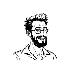 Stylish Man Portrait with Beard and Glasses in Black and White Line Art