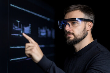 Augmented reality developer working on virtual design in a dark room