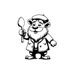 Charming bear cartoon character holding a spoon in black and white illustration