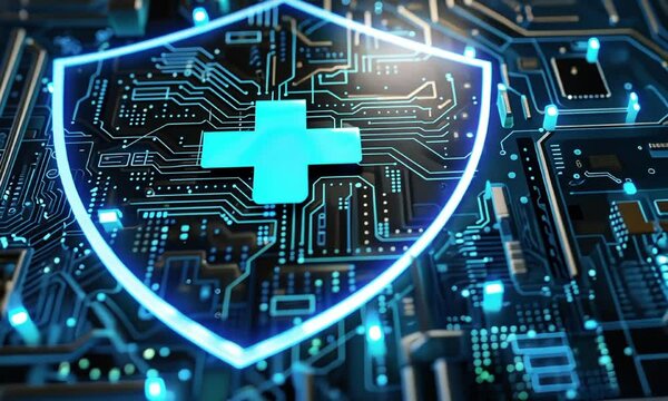Neon shield with cross on circuit board animation video. Medical insurance online service animated footage clip seamless HD motion graphics. Digital healthcare technology concept